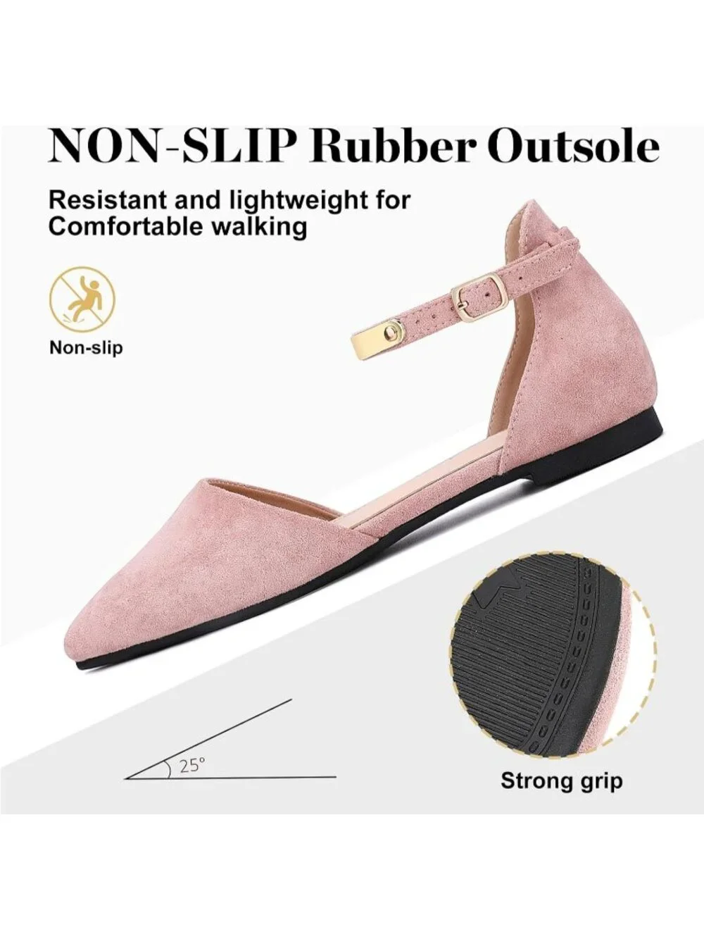 Women's Pink Suede Pointed Toe Flats Fancy Gold Ankle Strap Rhinestone Shoes